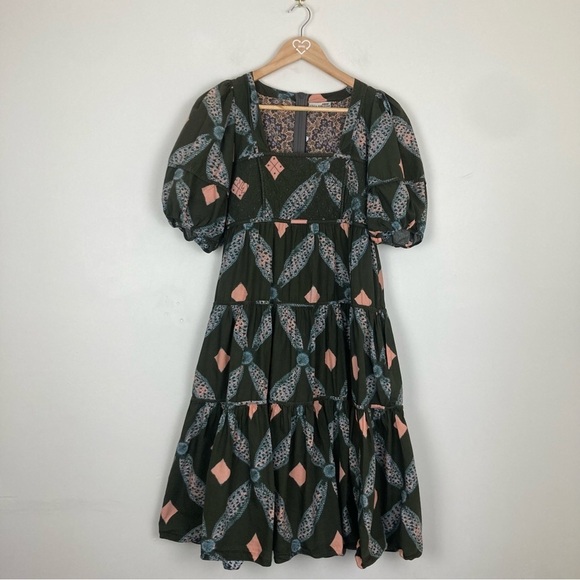 Ulla Johnson army green boho pint tiered knee/midi length dress. Size 6 - Picture 4 of 10